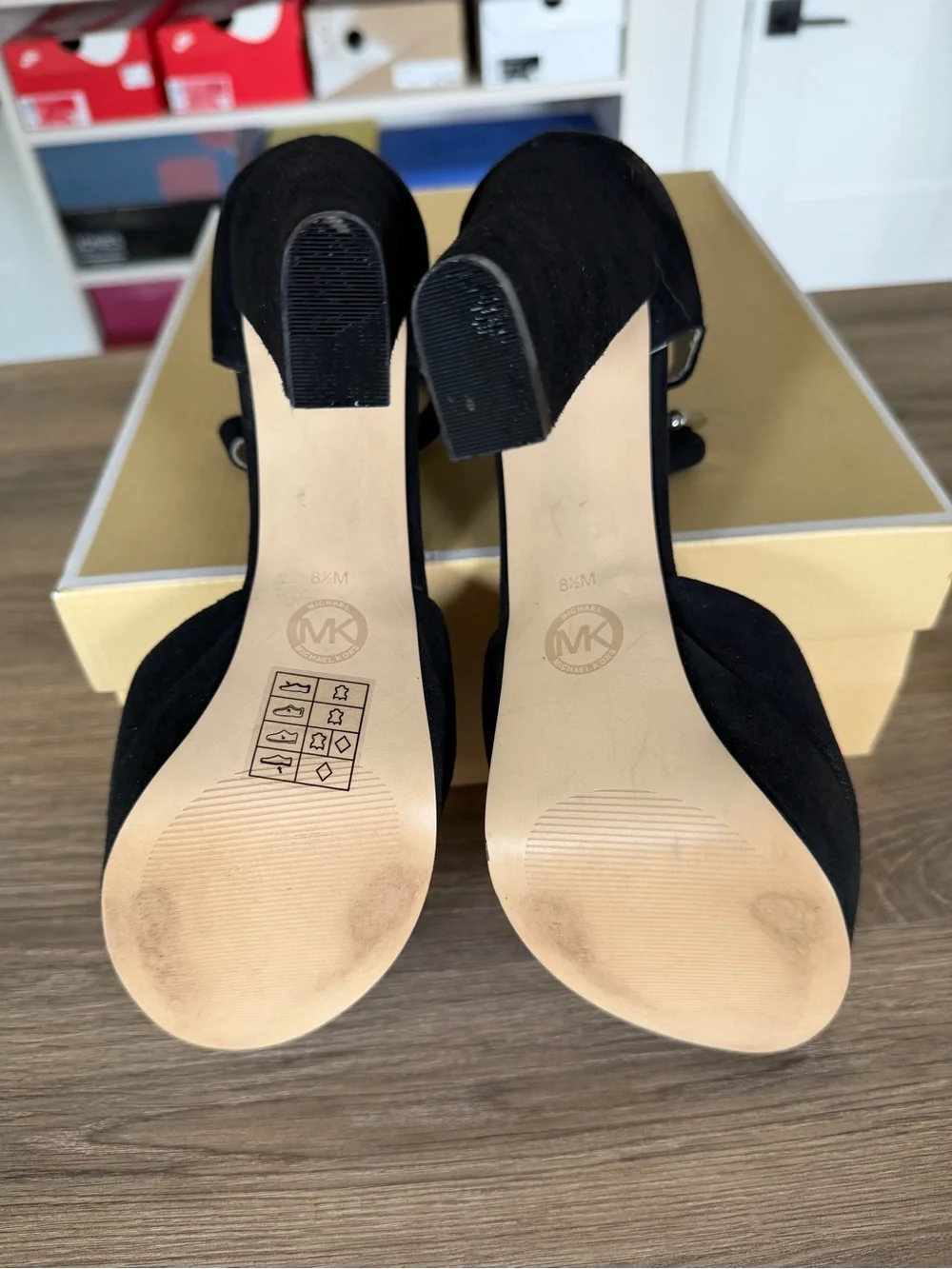 Michael Kors Haven Suede Platform Ankle Strap Block Heel Pump Black Size 8.5 Box
